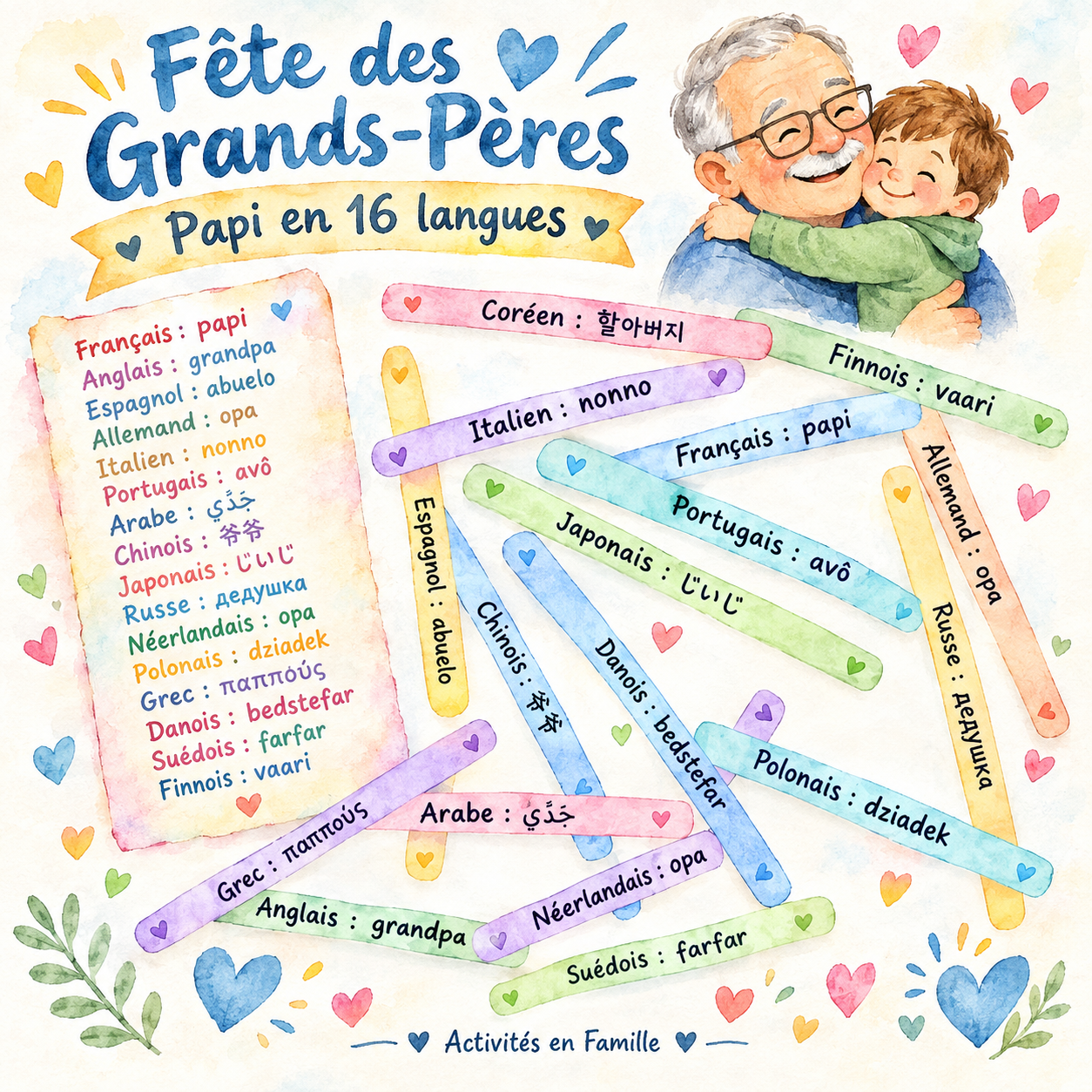 Fête des Grands-Pères : Le Tableau-Collage « Papi en 16 Langues » !